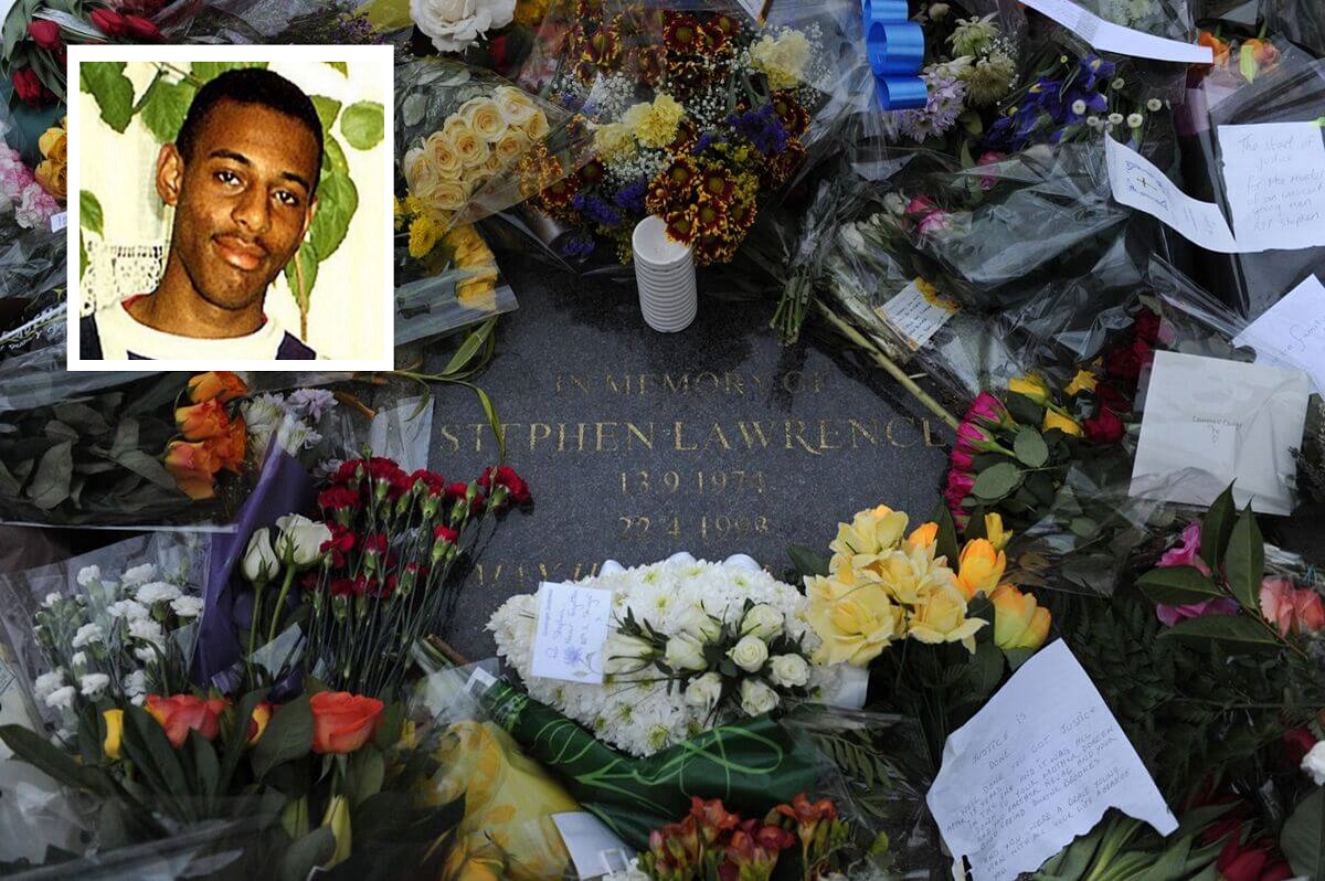 Stephen Lawrence photo, grave stone and flowers