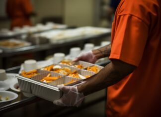 Prisoner with tray of prison food