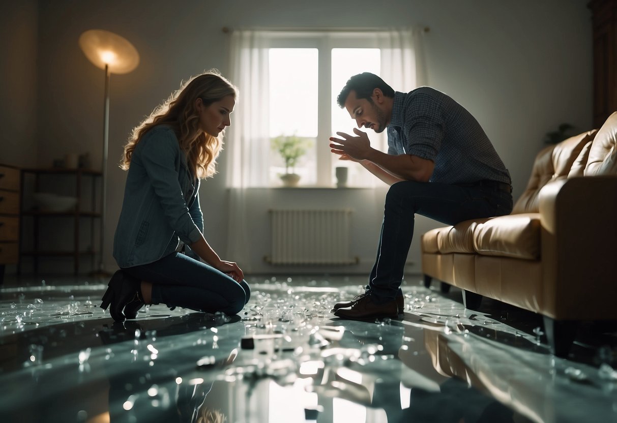 A woman cowers in a corner as a man looms over her, his fist raised. The room is dimly lit, with shattered glass on the floor and overturned furniture