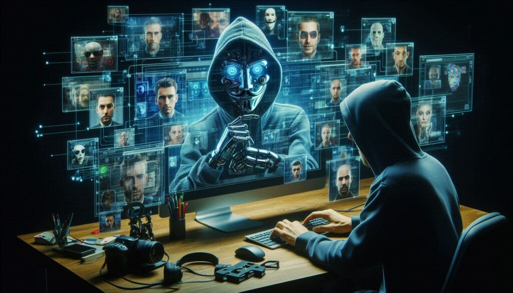 mystery figure at computer with masks and faces